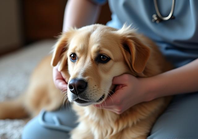 Veterinaria dando cuidados paliativos a un perro mayor